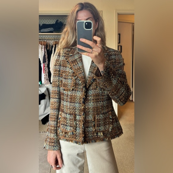 Vintage TAHARI Brown Wool Blend Tweed Plaid Knit Raw Hem Fringe Blazer Jacket - Picture 4 of 12